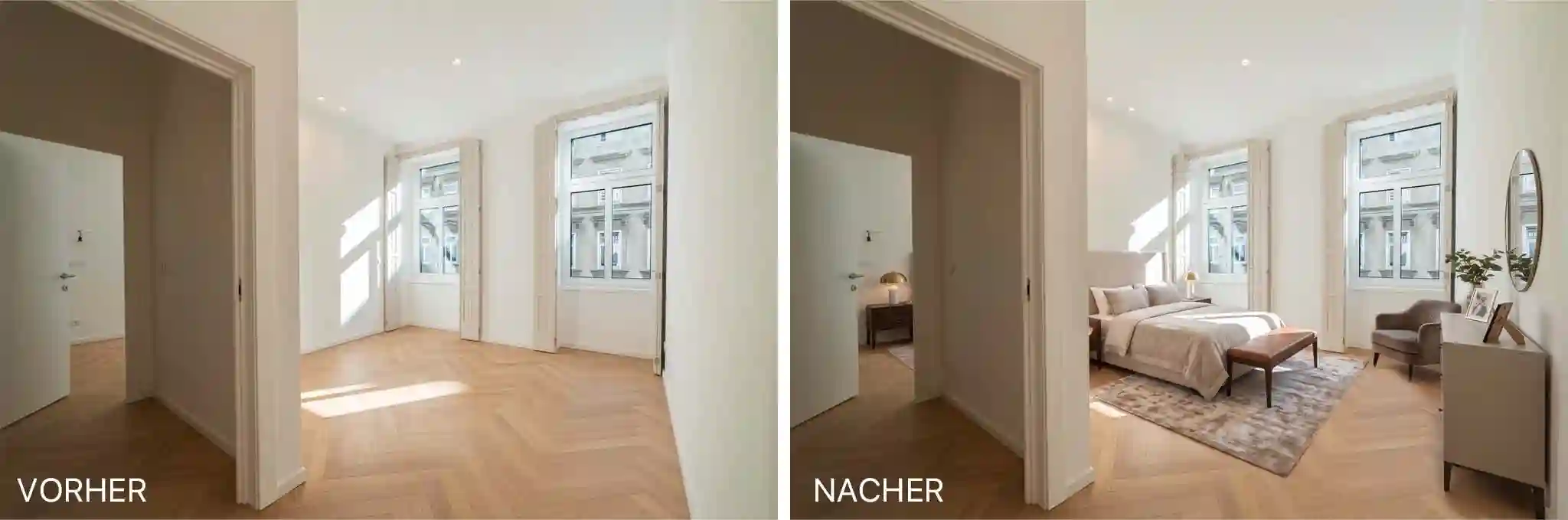 Vorher-Nachher-Vergleich eines Schlafzimmers mit KI-Staging