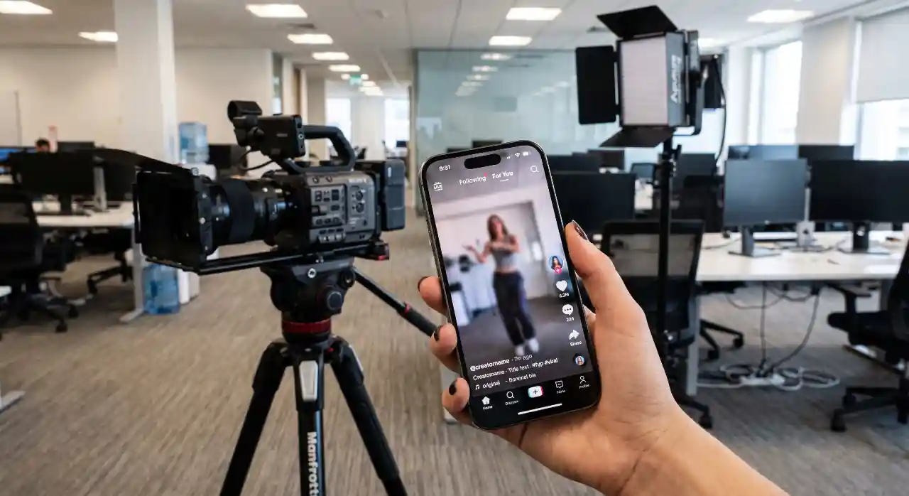 Smartphone mit geöffneter TikTok App neben Kamera-Equipment
